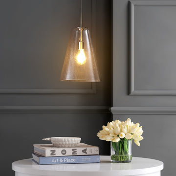Arlo 11.5" Mid-Century Modern Iron/Seeded Glass LED Pendant - JONATHAN Y